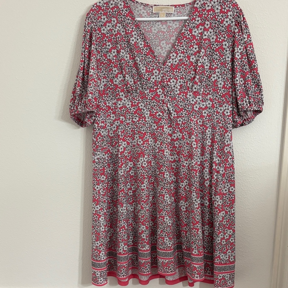 Michael Kors Red and White Floral V-Neck Dress